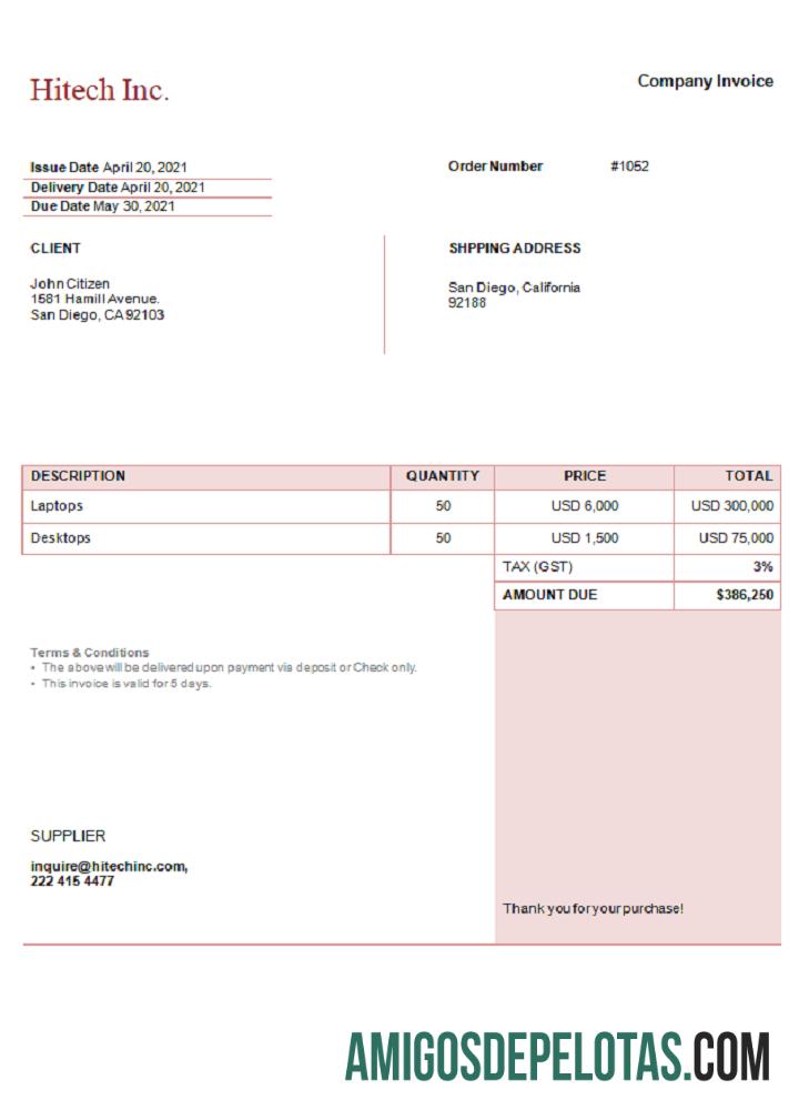 Fatura da Hitech Inc. dos EUA exemplo